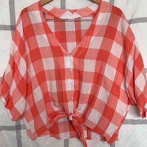 white and pink cropped button up blouse